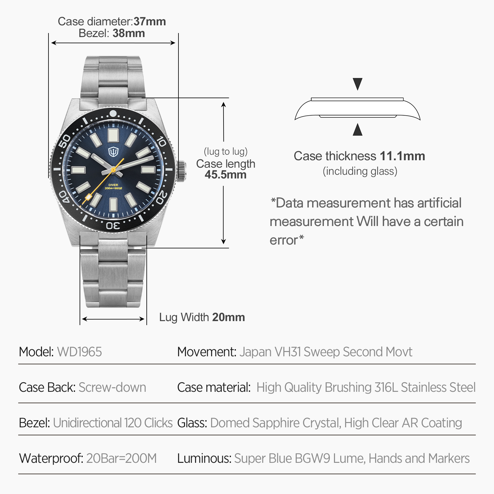 Watchdives 37Mm WD1965 V2 Man  - Jewelry And Watches recension och pris